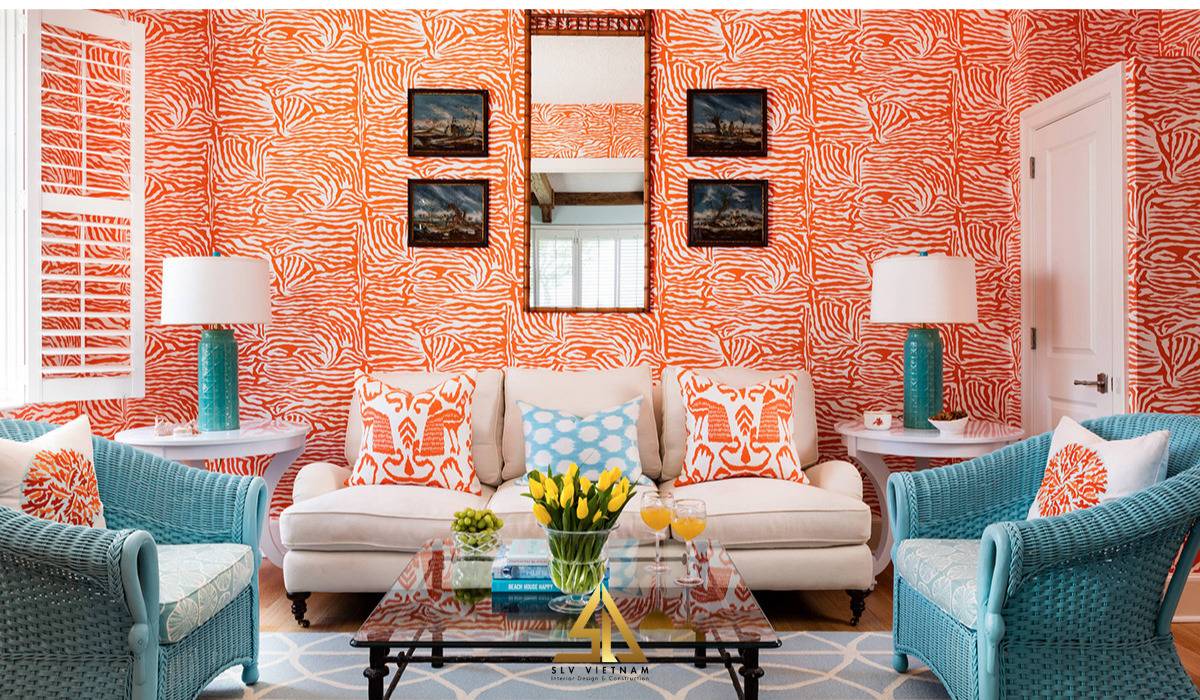 Mẫu 63: Phòng khách với bức tường màu cam nhạt nổi bật