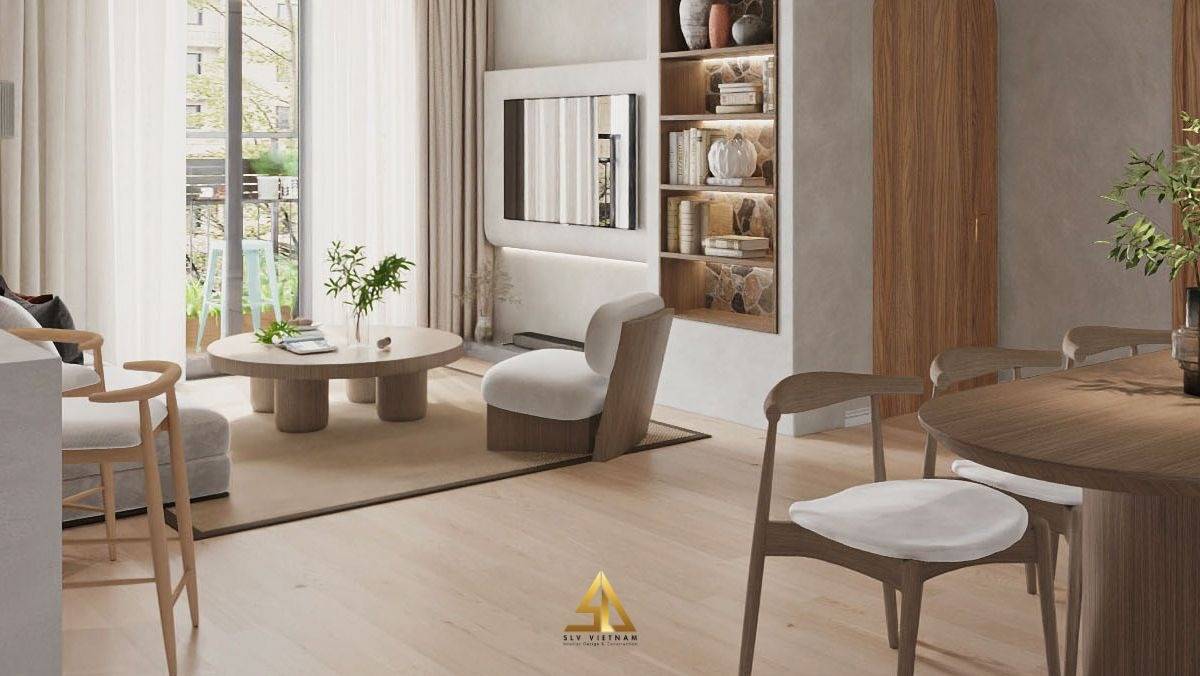 Nội thất phòng khách được sử dụng bằng gỗ tự nhiên liền kề phòng bếp